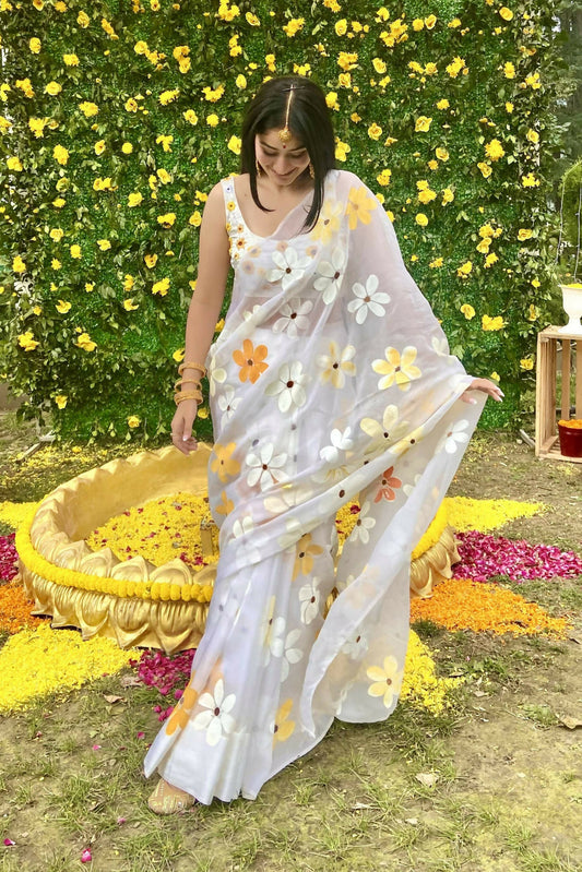 Daisy Organza Handpainted White Saree