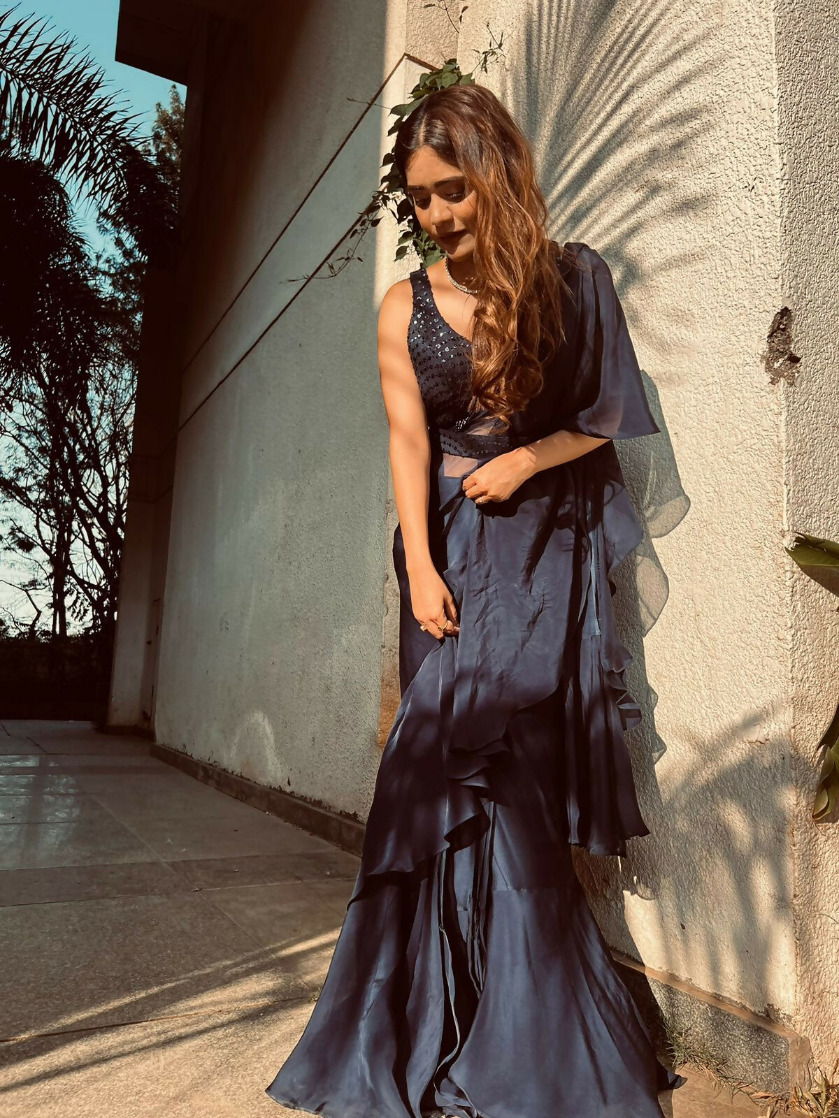 Navy Blue Ruffled Saree