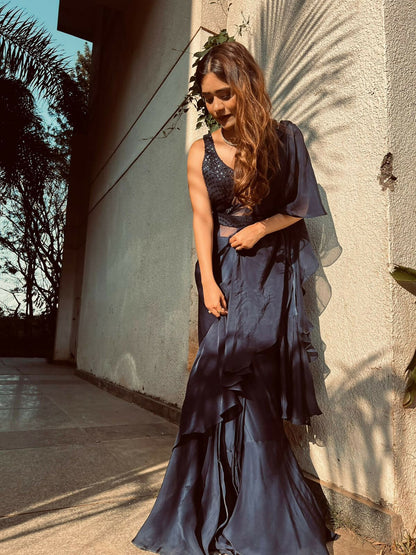Navy Blue Ruffled Saree