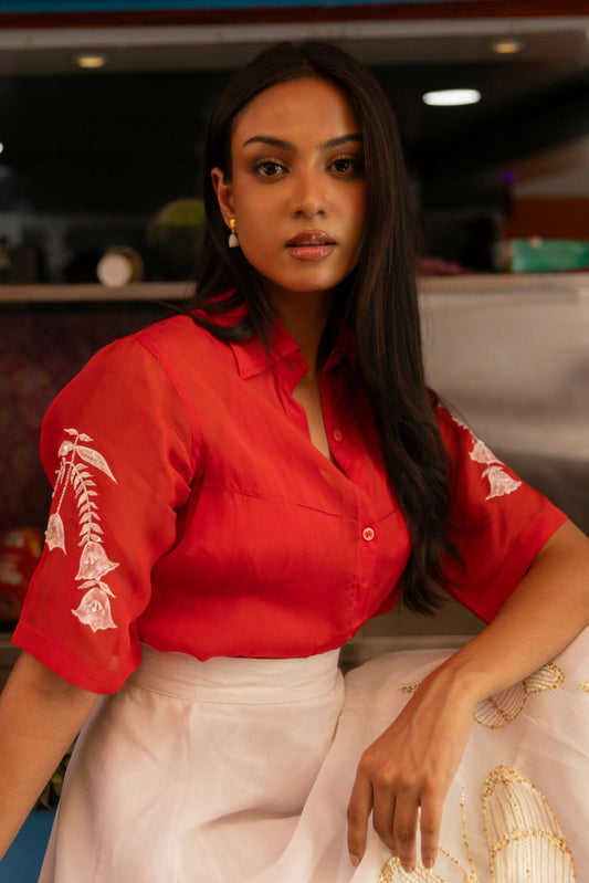 Valentino Red Handpainted Organza Shirt