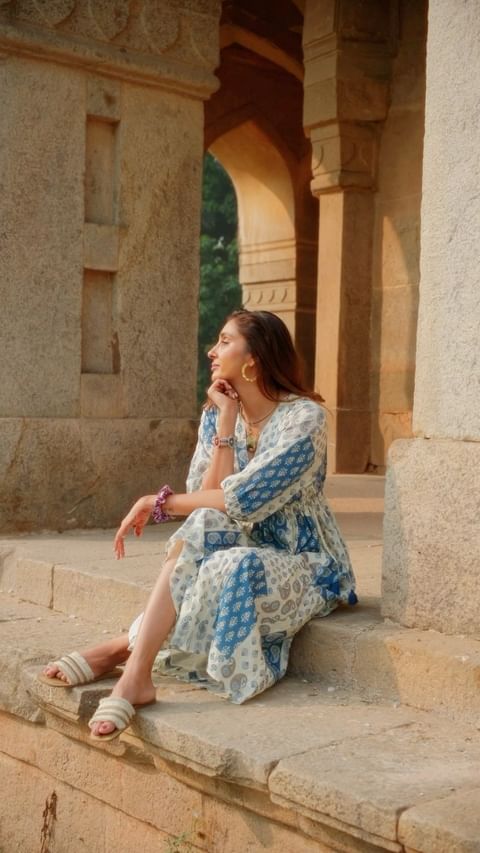 Off White Printed Cotton Dress