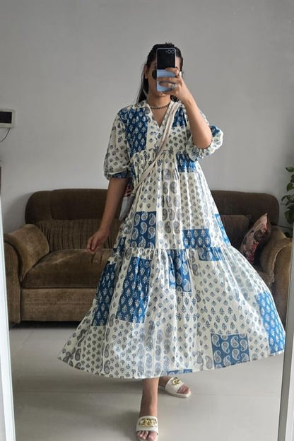 Off White Printed Cotton Dress
