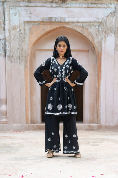 Zoya Black Flared Chikankari Kurta with Palazzo Set