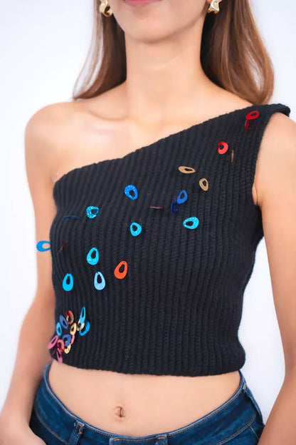 Scarlett Black One-Shoulder Crochet Top