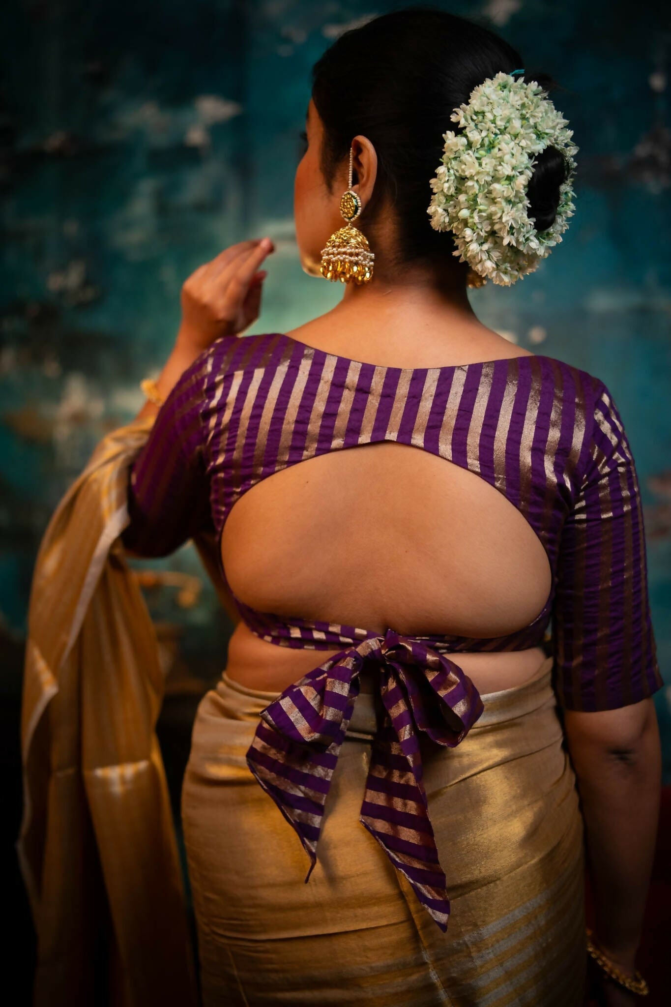 Keya Purple Chanderi Striped Elbow Sleeve Blouse with Back Bow