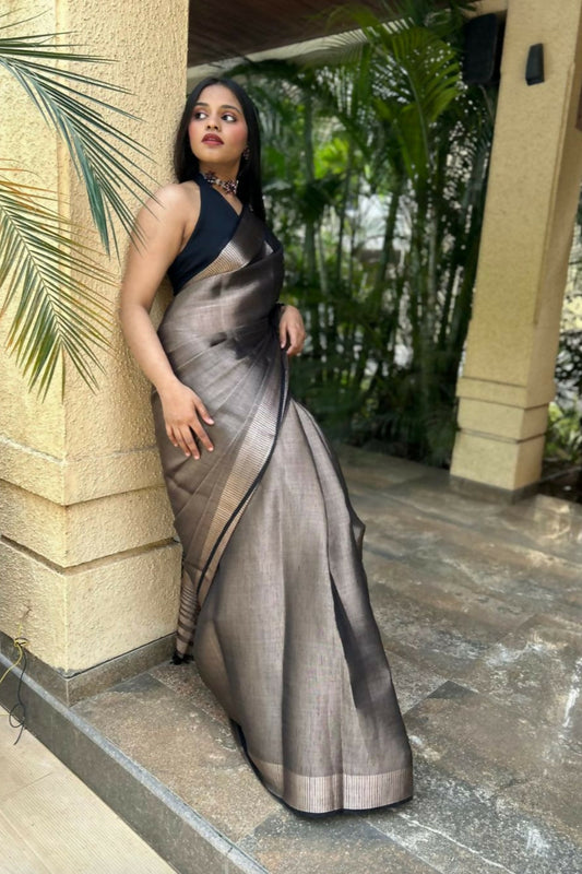 Cosmic Coal Linen Tissue Ready To Wear Pocket Saree