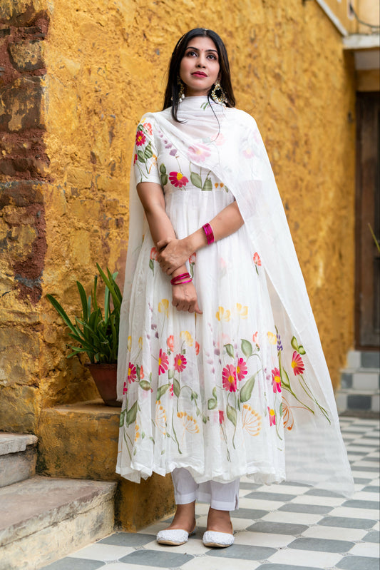 White Chiffon Handpainted Anarkali Suit Set