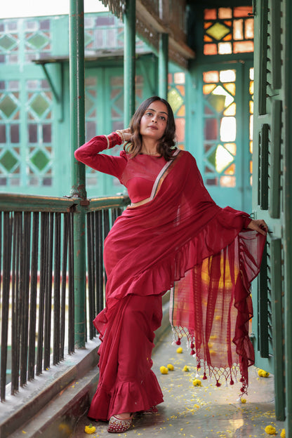 Maroon Ruffle Ishq Saree