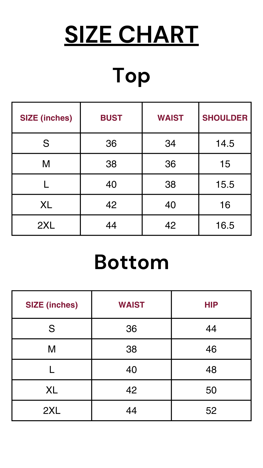 NAZAKAT SIZE CHART
