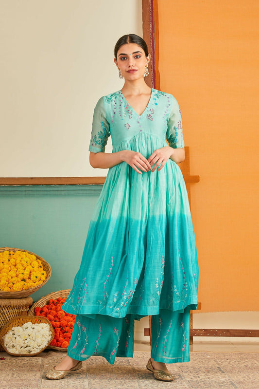 Aabiya  Blue Ombre Chanderi Kurta Set