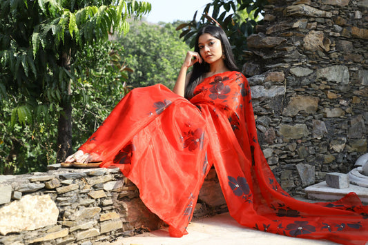 Red Base Organza Hand-Painted Saree