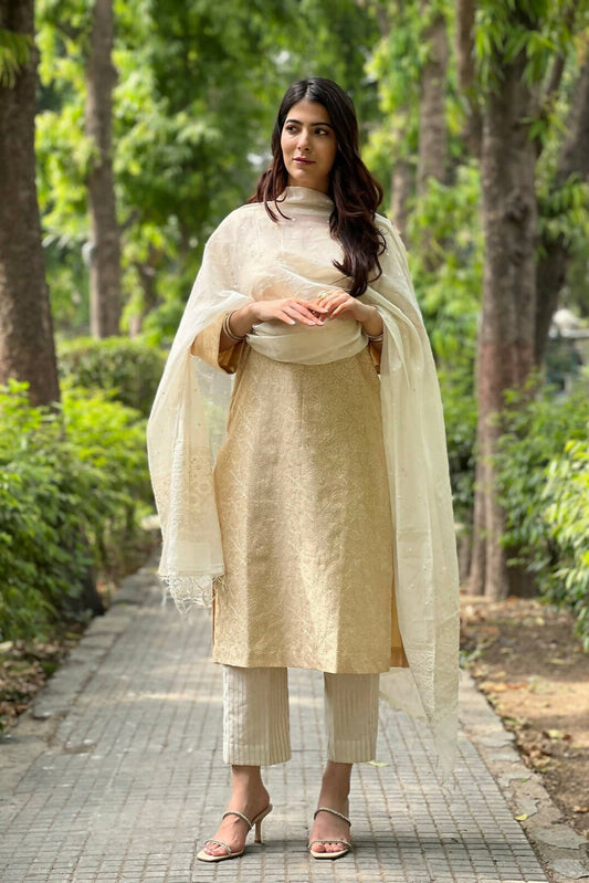 Beige Embroidered Chanderi Kurta Set
