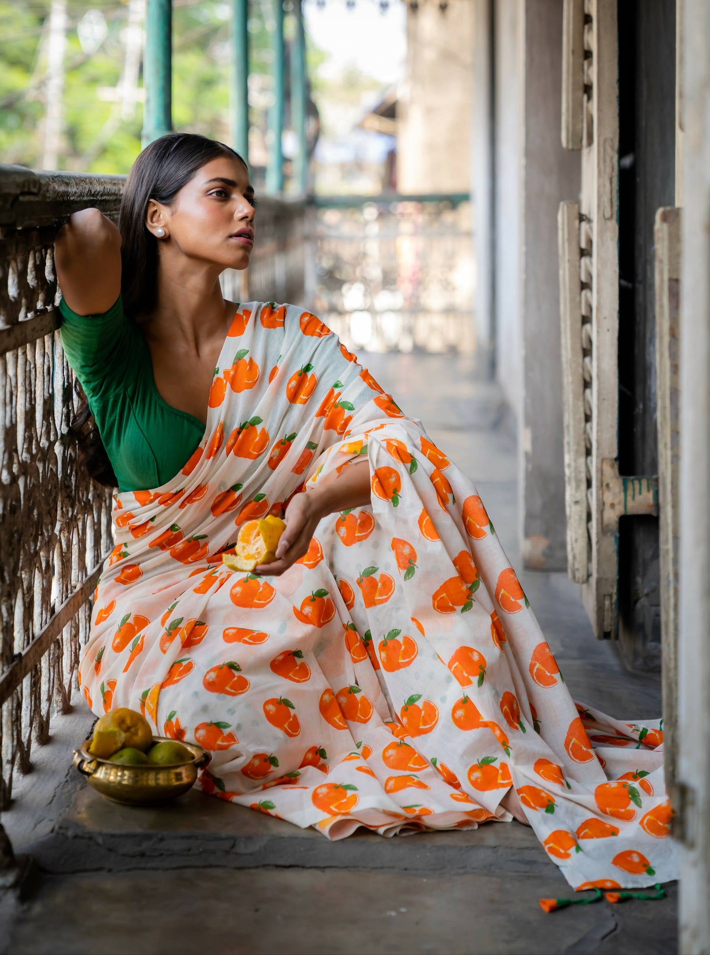 Orange White Printed Saree