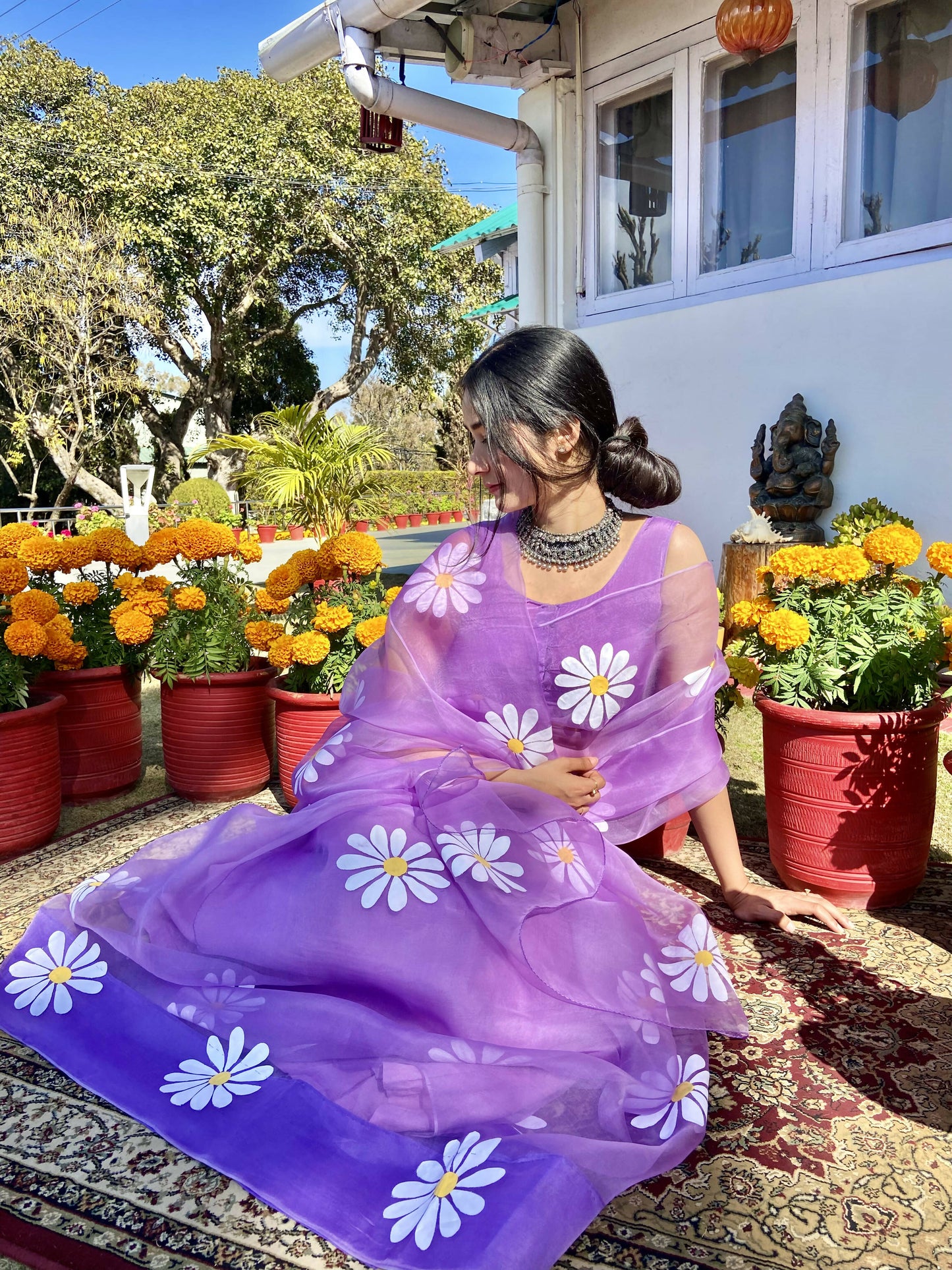 Lavender Daisy Handpainted Organza Saree