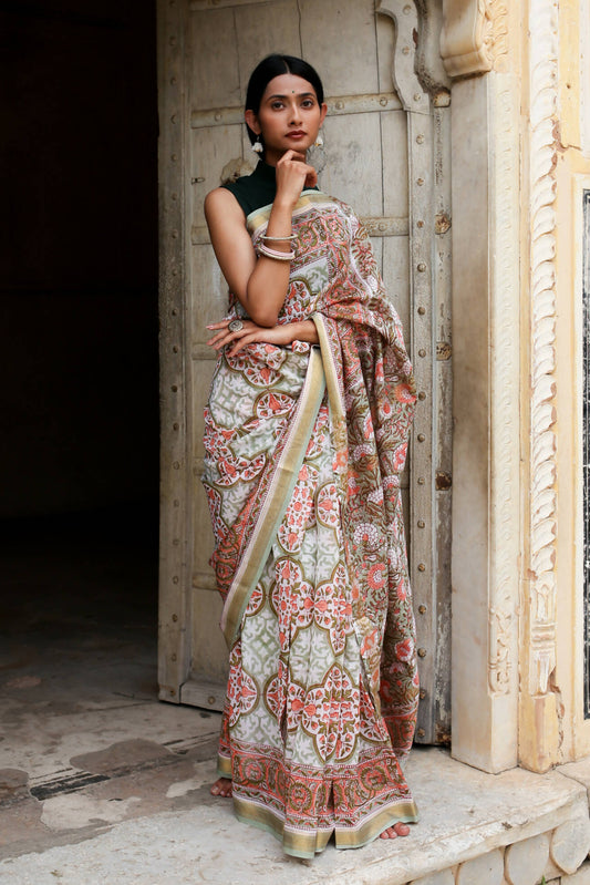 Garden of Symphony - Hand Block Print Maheshwari Silk Saree