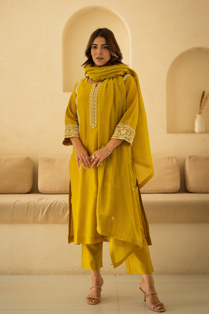 Sunglow Yellow Chanderi Embroidered Pearl Suit Set