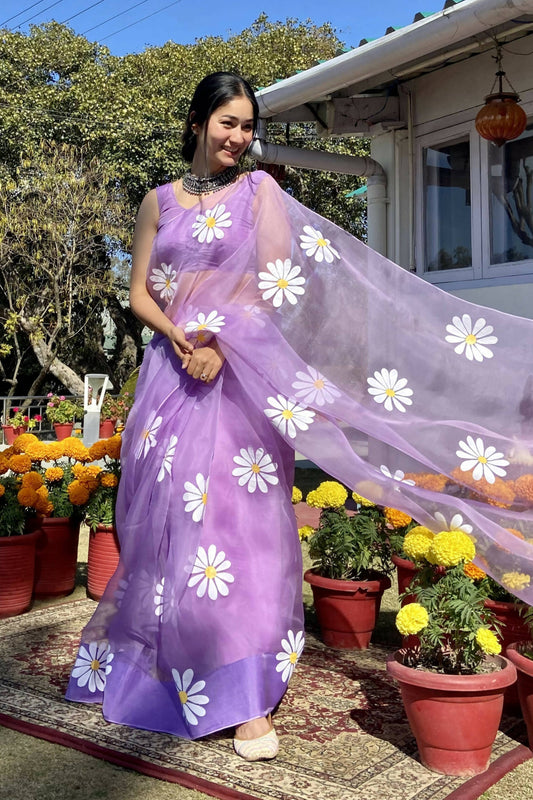 Lavender Daisy Handpainted Organza Saree