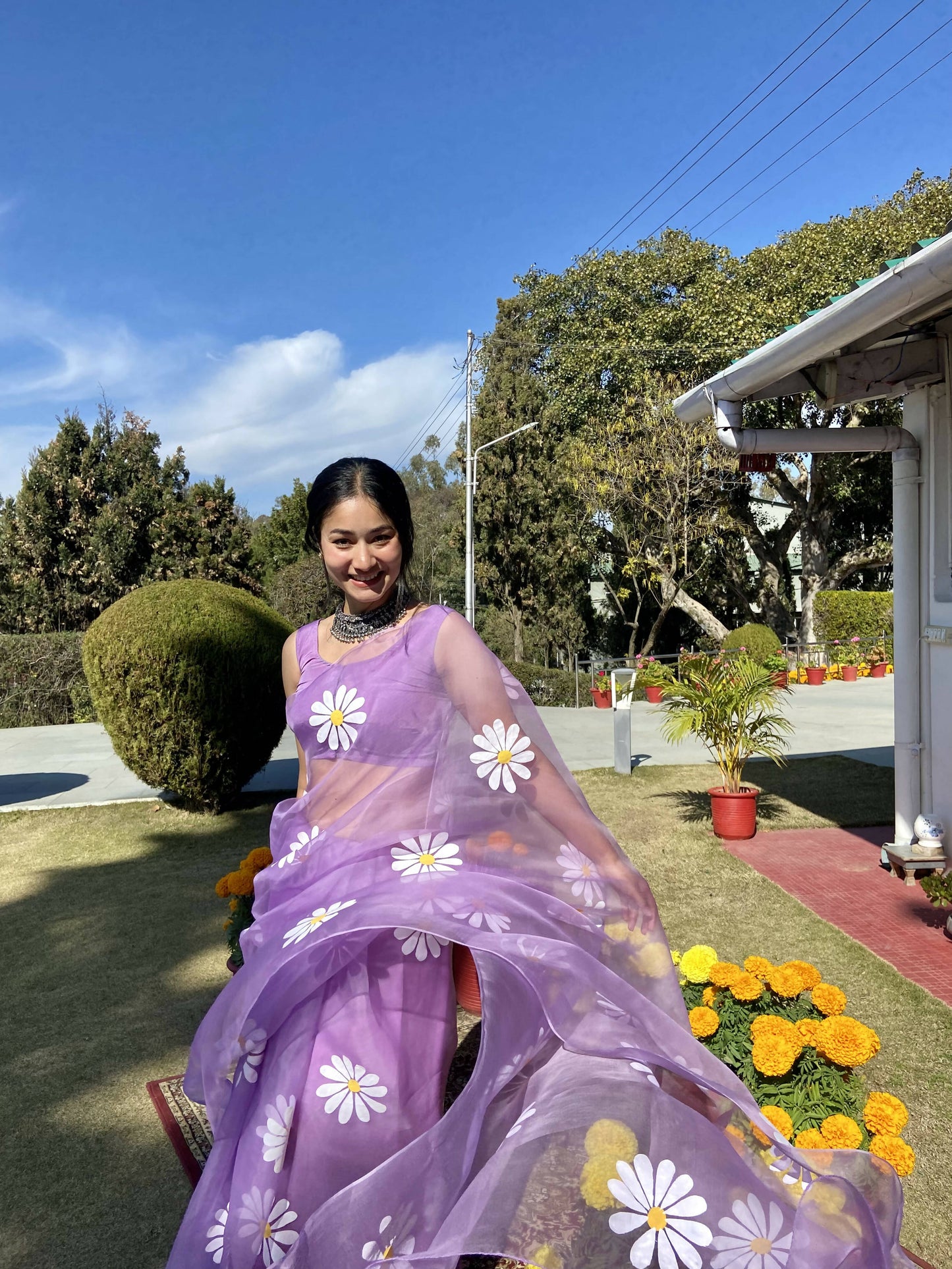 Lavender Daisy Handpainted Organza Saree