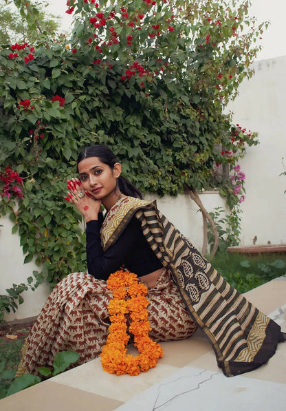 Tigress Block Print Chanderi Silk Saree