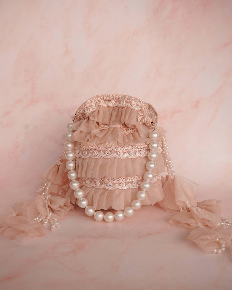Belle Lace Organza Potli With Pearl Handle