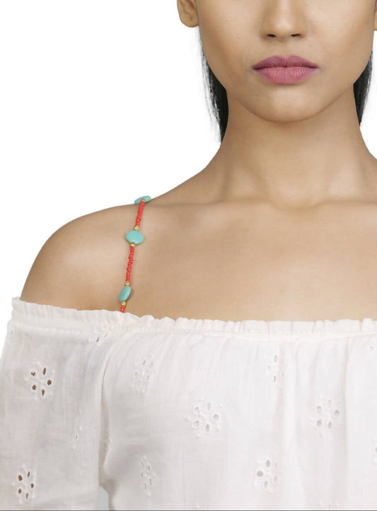 Turquoise Blue & Red Blend Beaded Bra Strap