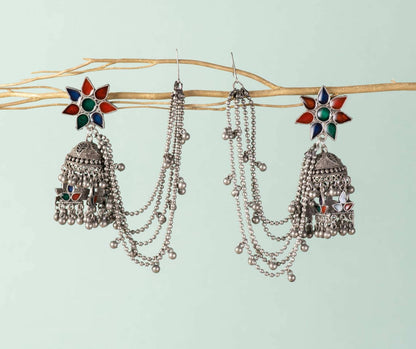 Iktara Silver Jhumkas With Kaanchain