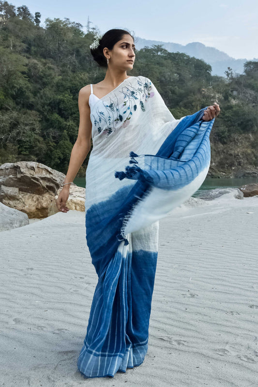 Amber White & Blue Linen Saree