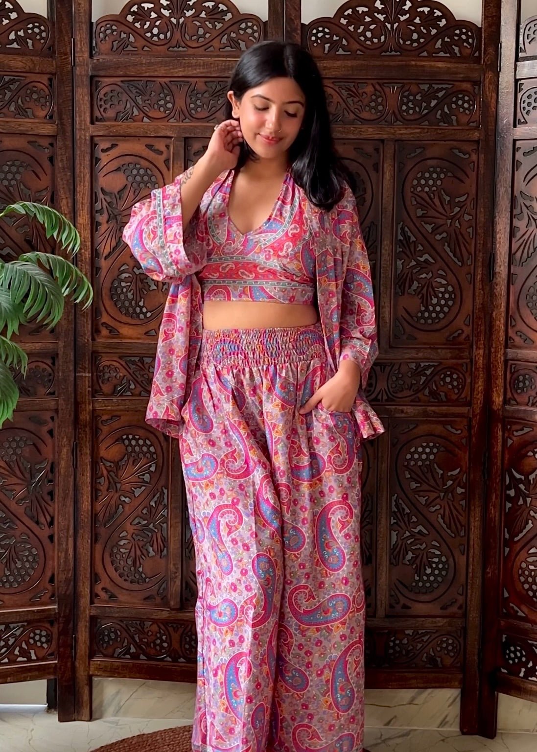 Kimono, Halter Neck Top & Pants (3 Pc Set) - Bouquet