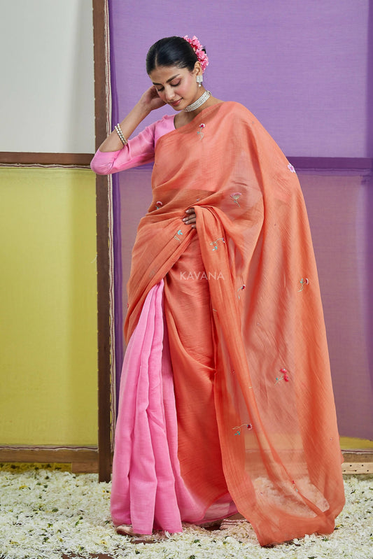 Suman Orange Pink Chanderi Saree