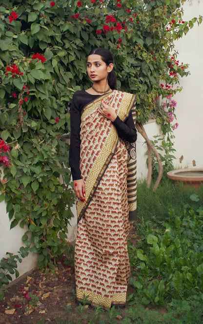 Tigress Block Print Chanderi Silk Saree