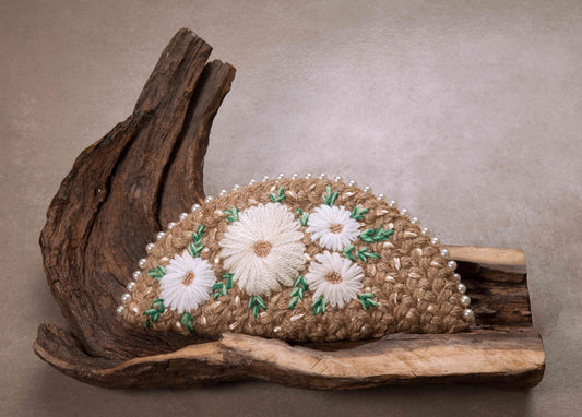 White daisy rose gold half moon clutch