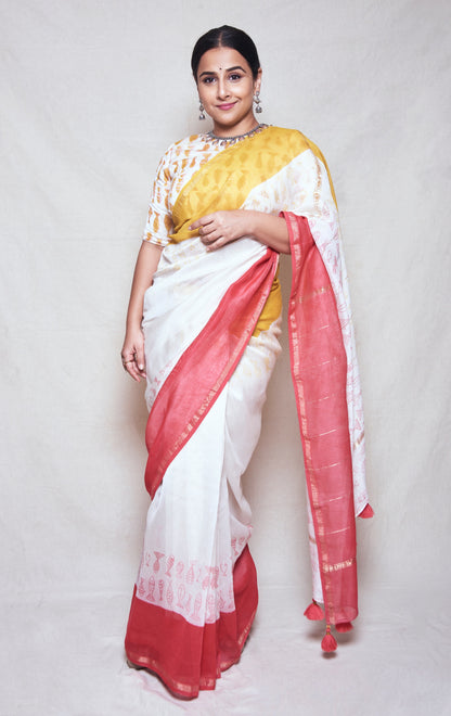 Chanderi Saree - Pujo with Red & Yellow