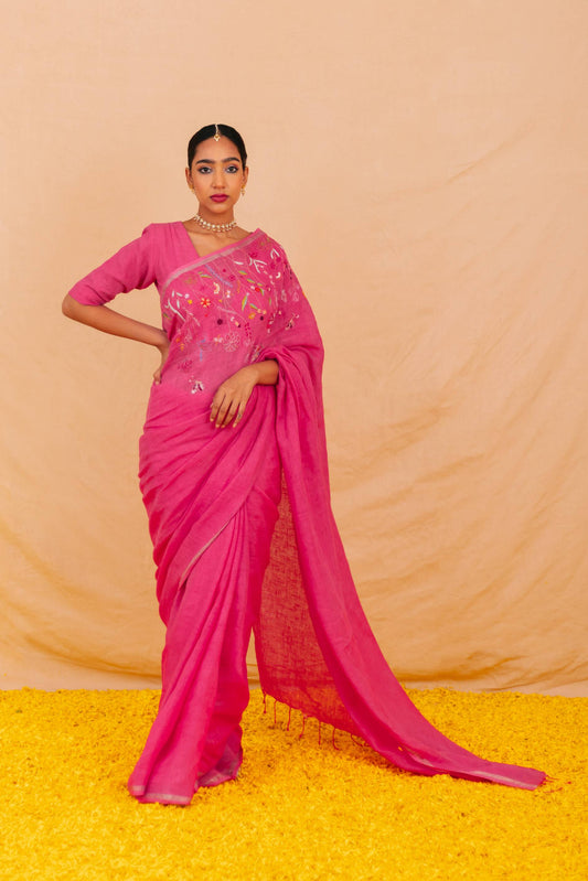 Ruhi Pink Linen Saree