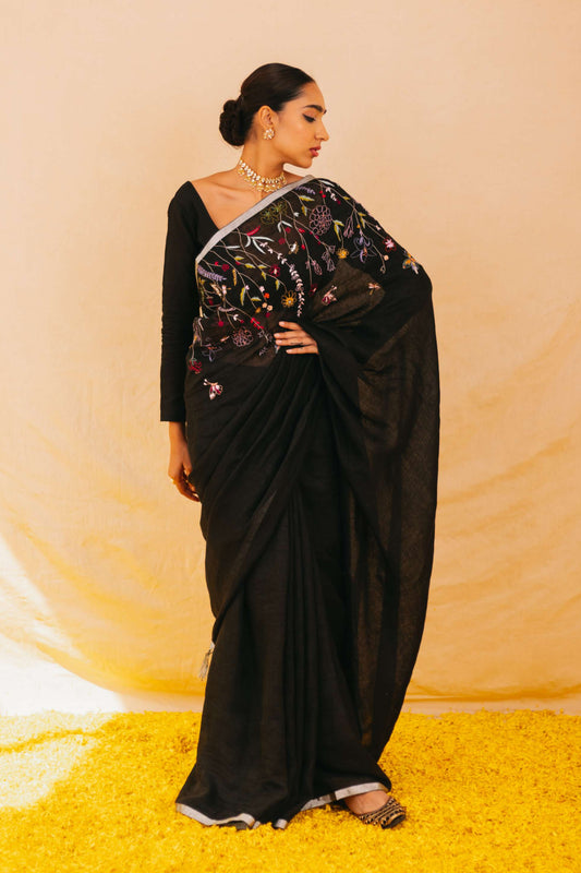 Shiuli Black Linen Saree