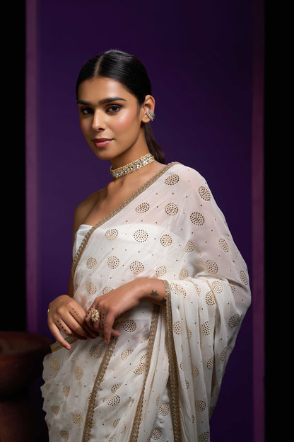 Jasmine With Gold Gota Border Saree