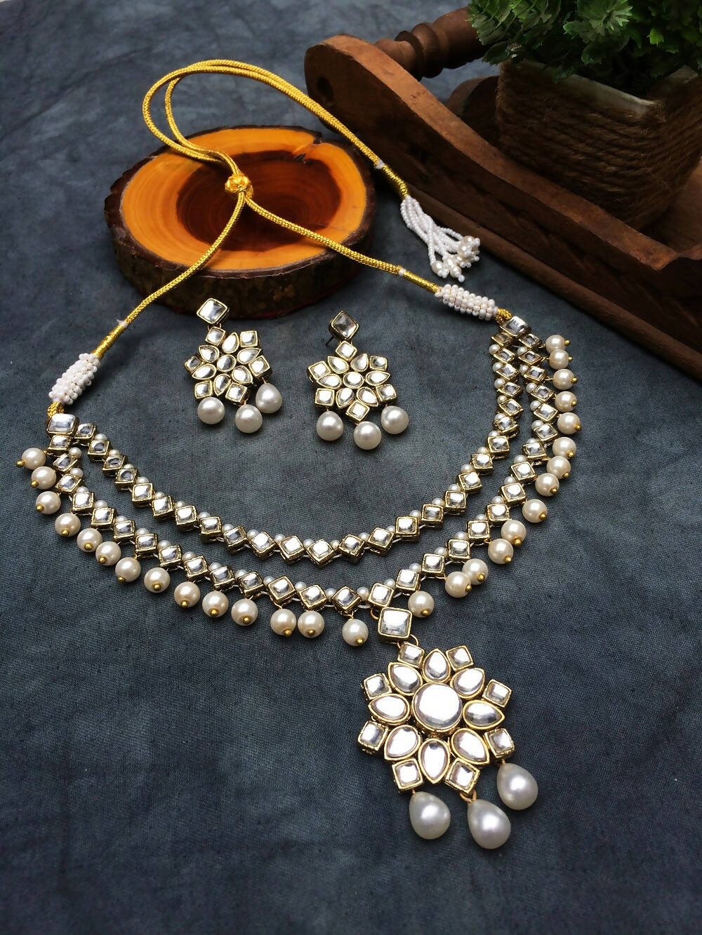 Kundan and Pearl Layered Pendant Set