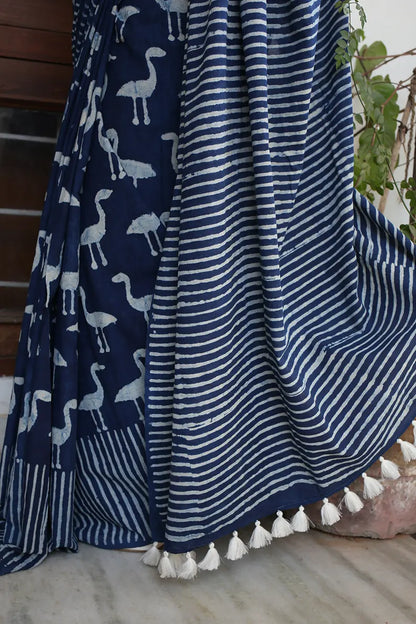 Indigo Flamingoes - Dabu Hand Block Print Mulmul Cotton Bagru Saree