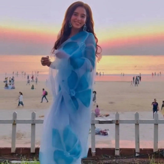 Stella Organza Saree In Ash Blue