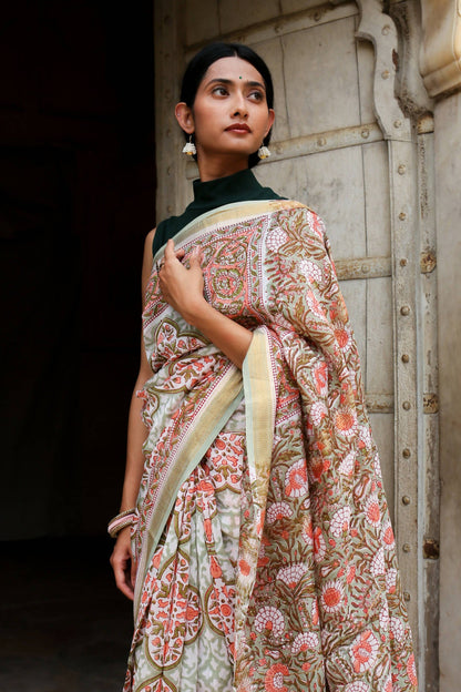 Garden of Symphony - Hand Block Print Maheshwari Silk Saree