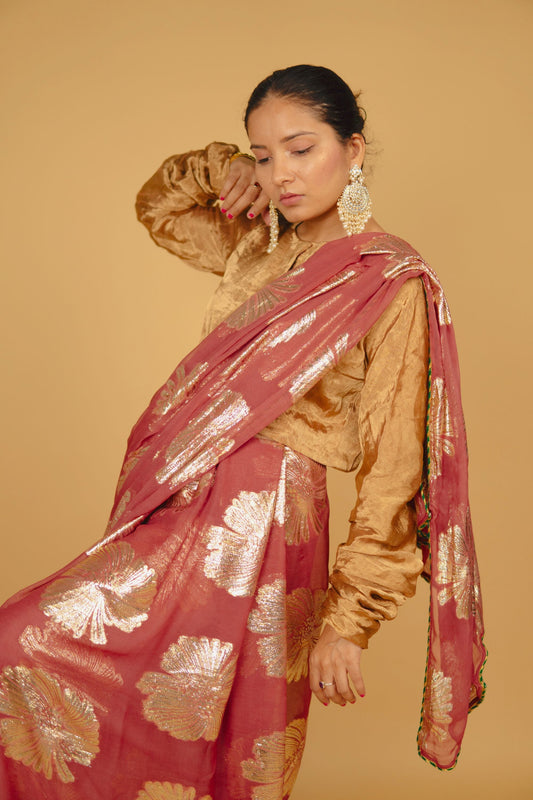 Faria Sitara Gold & Green Lace Border Saree