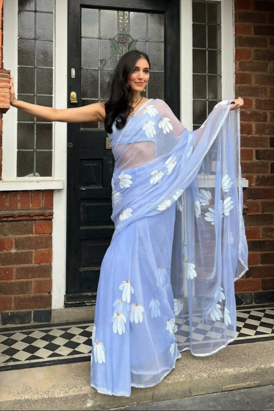 Ash Blue Half-Daisies Chiffon Saree