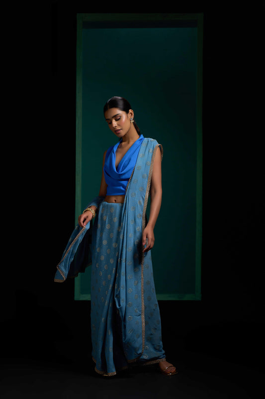 Midnight Blue Gold Gota Border Saree