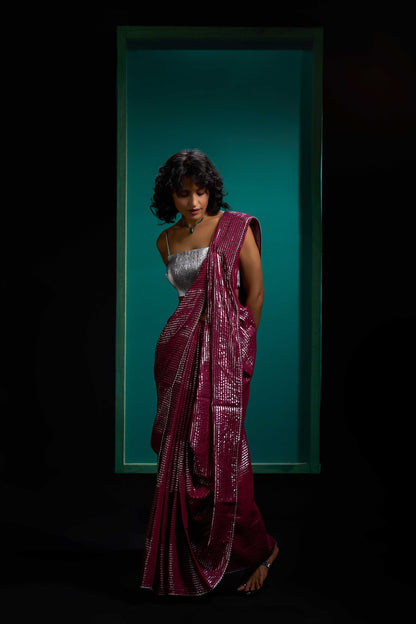 Wine Shine Silver Gota Border Saree