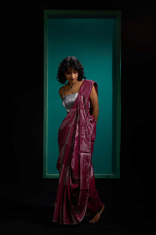 Wine Shine Silver Gota Border Saree