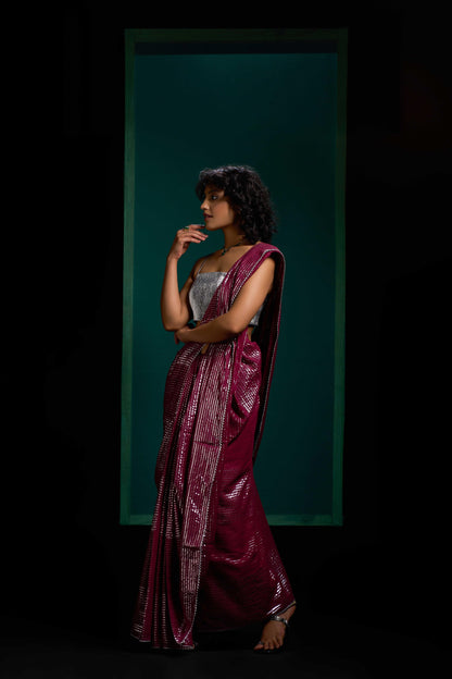 Wine Shine Silver Gota Border Saree