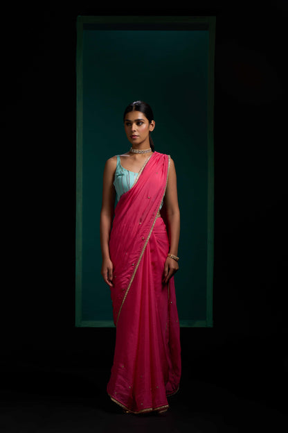 Noori Rose Pink Organza Handwork Saree