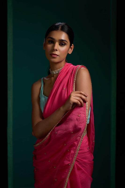 Noori Rose Pink Organza Handwork Saree