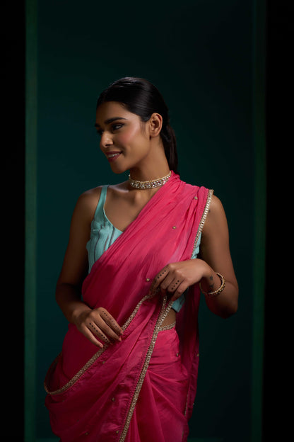 Noori Rose Pink Organza Handwork Saree