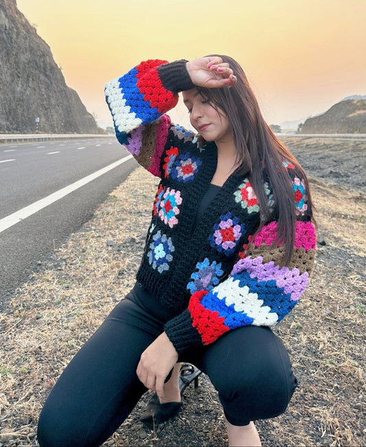 Black Granny-Square With Guth Sleeve Crochet Cardigan