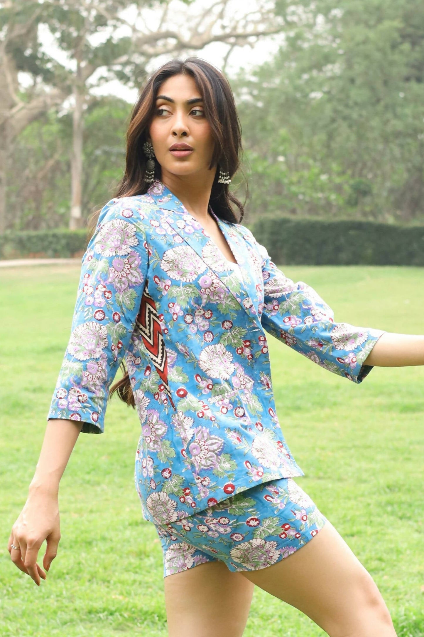 Blue Floral Blazer and Shorts Set (with Red Chevron Accents)